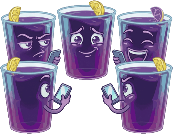 Five cups at a table, each holding its own phone